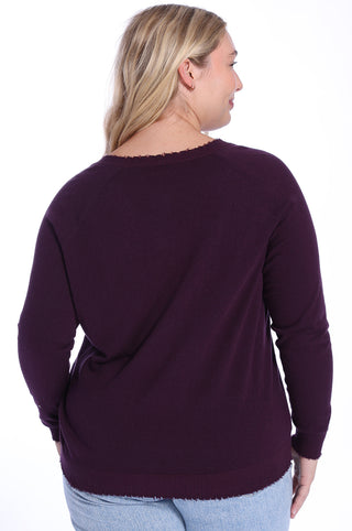 Plus Size Cotton Cashmere Distressed Long Sleeve V-Neck Sweater - Loganberry