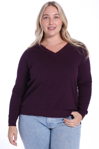 Plus Size Cotton Cashmere Distressed Long Sleeve V-Neck Sweater- Loganberry