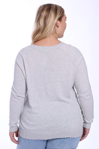 Plus Size Cotton Cashmere Distressed Long Sleeve V-Neck Sweater- Light Heather Grey