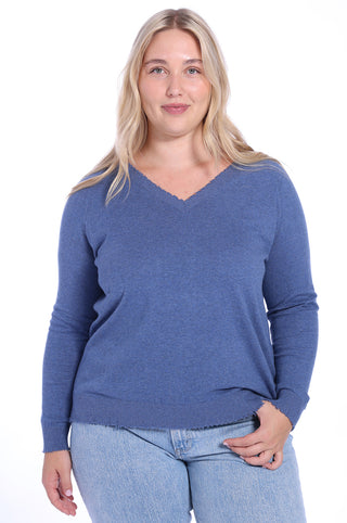 Plus Size Cotton Cashmere Distressed Long Sleeve V-Neck Sweater - harbour Blue