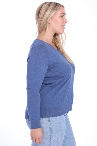 Plus Size Cotton Cashmere Distressed Long Sleeve V-Neck Sweater - harbour Blue