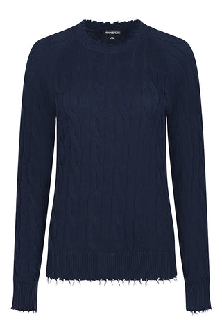 Cotton Cable Long Sleeve Crew w/ Frayed Edges - Navy