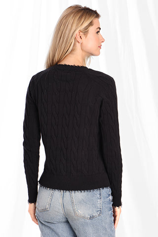 Cotton Cable Long Sleeve Crew w/ Frayed Edges - Black