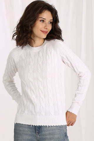 Cotton Cable Long Sleeve Crew w/ Frayed Edges - White