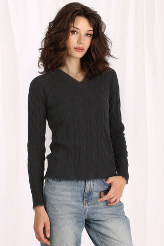 Cotton Cable Long Sleeve V-Neck with Frayed Edges - Black