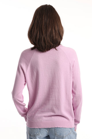 V neck long sleeve sweater with frayed edges back view