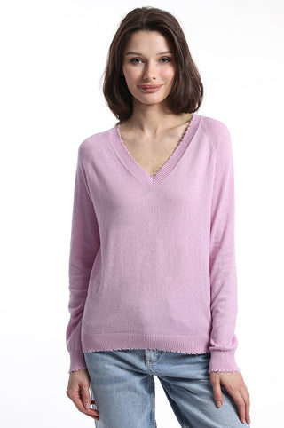 V neck long sleeve sweater with frayed edges front view