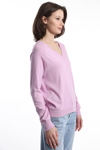 V neck long sleeve sweater with frayed edges side view