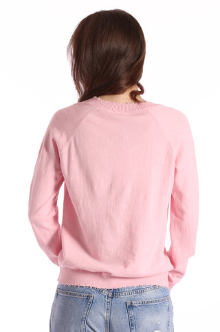 V neck long sleeve sweater with frayed edges back view