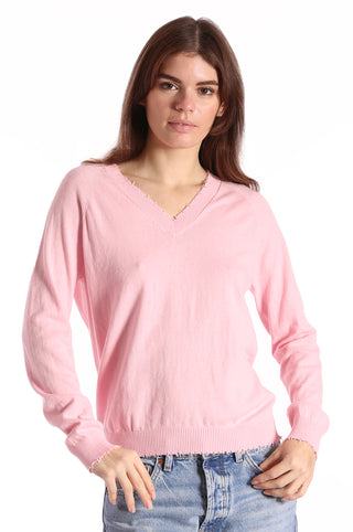 V neck long sleeve sweater with frayed edges front view