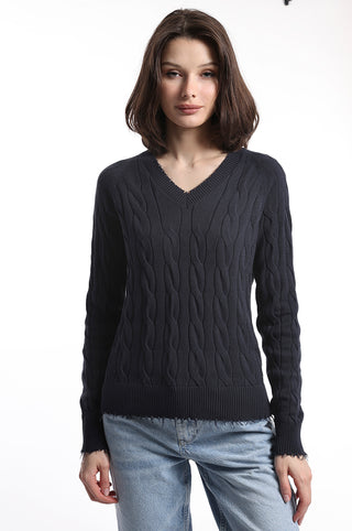 Cotton Cable Sweater-Navy