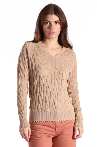 Cotton Cable Long Sleeve V-Neck with Frayed Edges - Brown Sugar