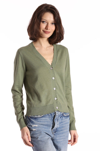 Cotton Cashmere Cardigan with Frayed Edges - Garden Grove side