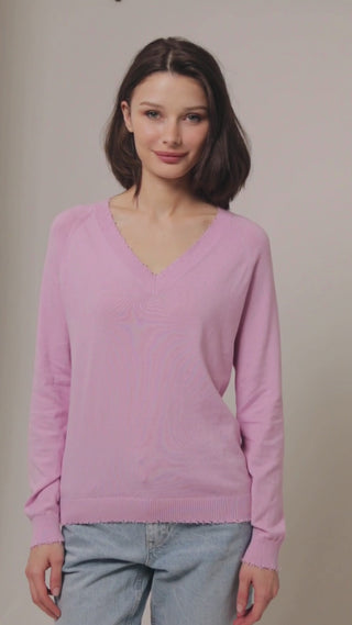 V neck long sleeve sweater with frayed edges 360 view
