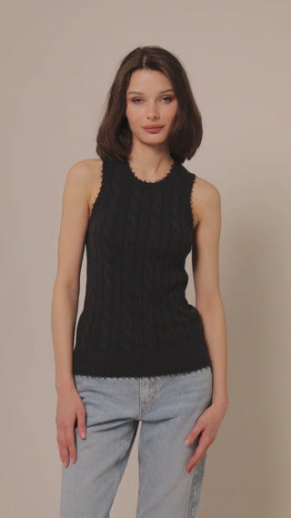 Black cable tank top with frayed edges 360 view