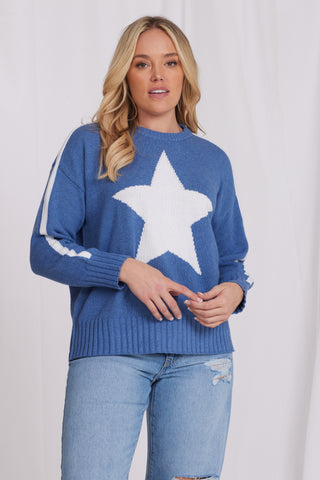 Plus Size Cotton Cashmere Star Crewneck Sweater - Harbour Blue / White