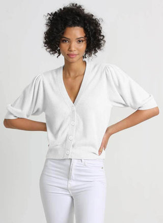Cashmere Cropped Puff Sleeve Cardigan - White 