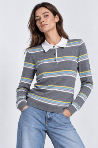 Striped Long Sleeve Polo in Cotton Cashmere