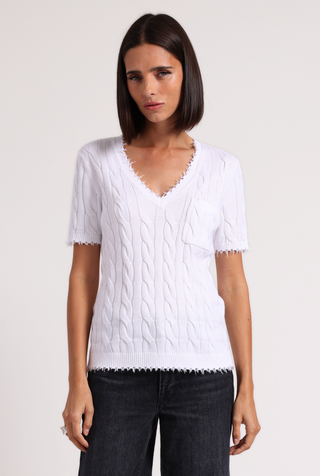 Cotton Frayed Cable V Neck Tee with Pocket