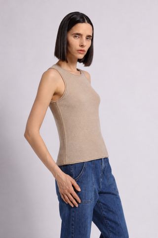 Sheer Luxury Cashmere Crew Neck Tank with Rolled Edges