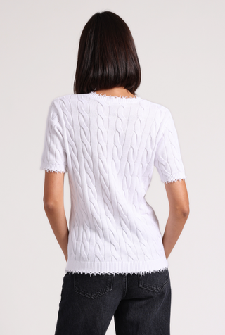 Cotton Frayed Cable V Neck Tee with Pocket