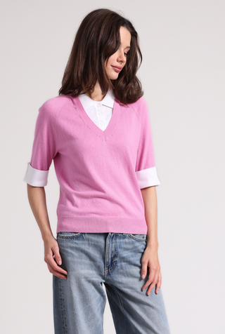 Cotton Cashmere Short Sleeve V Neck with Collar