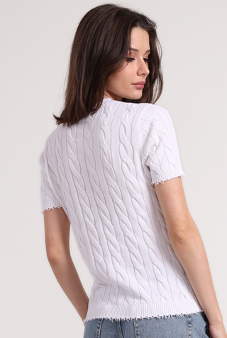 Cotton Frayed Cable Short Sleeve Tee with Pocket