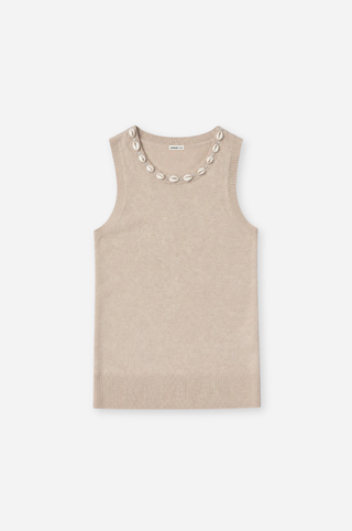 Cotton Cashmere Tank With Shell Rhinestone Trim