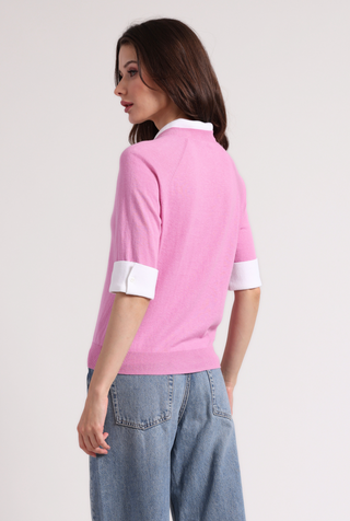 Cotton Cashmere Short Sleeve V Neck with Collar