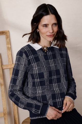 Wool Cashmere Plaid Crew with Blanket Stitch