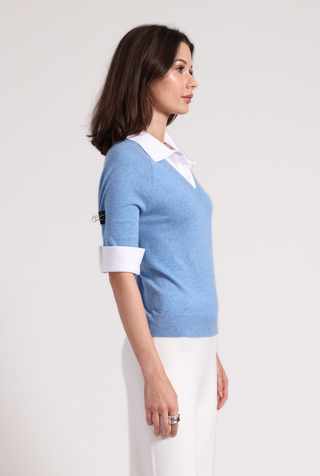 Cotton Cashmere Short Sleeve V Neck with Collar