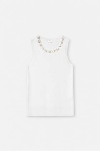 Cotton Cashmere Tank With Shell Rhinestone Trim