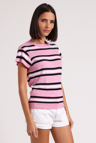 Supima Cotton Cashmere Multi Stripe Cap Sleeve Crew