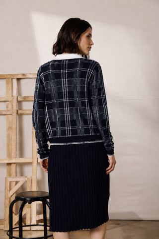 Wool Cashmere Plaid Crew with Blanket Stitch