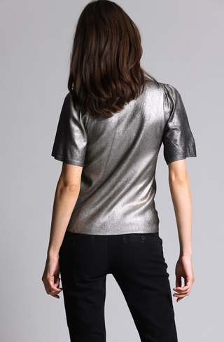 Viscose Metallic Print Flared Short Sleeve Top