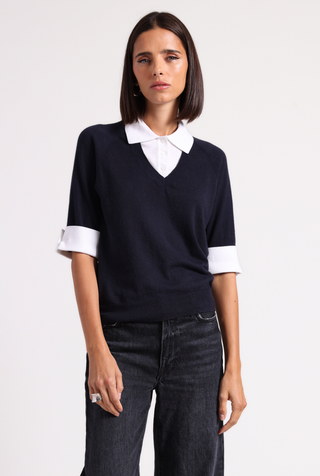 Cotton Cashmere Short Sleeve V Neck with Collar