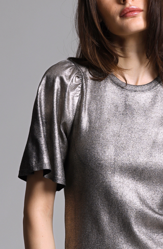 Viscose Metallic Print Flared Short Sleeve Top