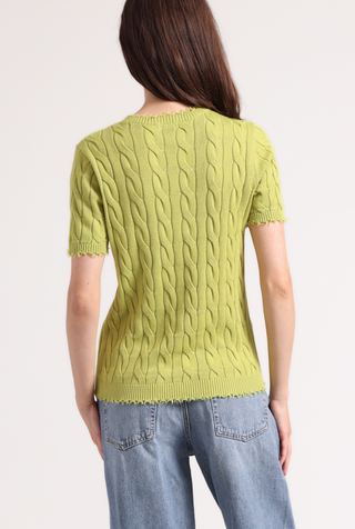 Cotton Frayed Cable V Neck Tee with Pocket