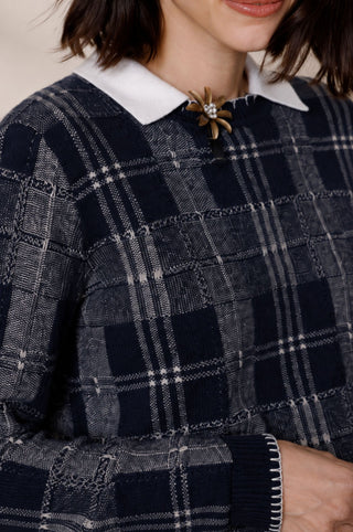 Wool Cashmere Plaid Crew with Blanket Stitch
