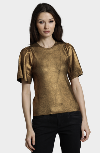 Viscose Metallic Print Flared Short Sleeve Top