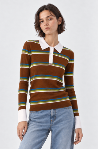 Cotton Cashmere Striped Long Sleeve Collared Polo