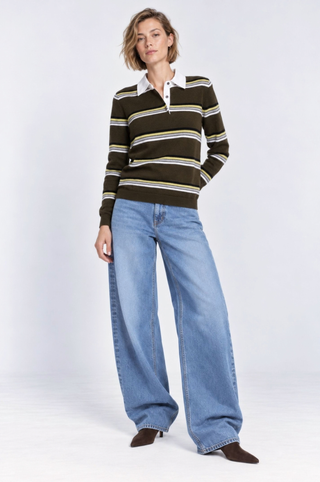 Striped Long Sleeve Polo in Cotton Cashmere