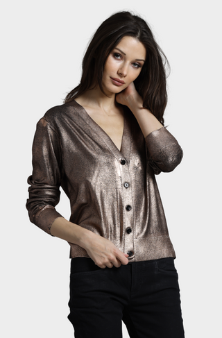 Viscose Metallic Print V Neck Button Cardigan