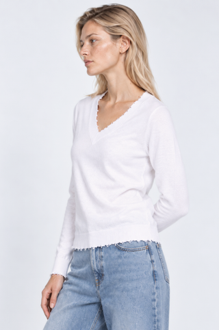 Cotton Cashmere Frayed Edge V Neck
