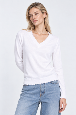 Cotton Cashmere Frayed Edge V Neck