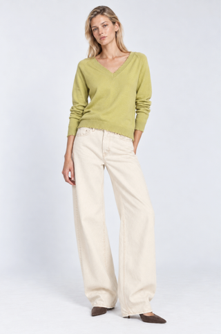 Cotton Cashmere Frayed Edge V Neck