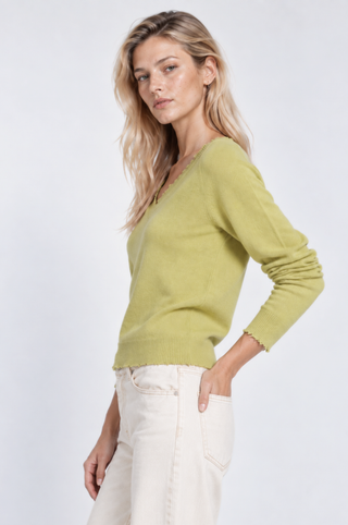 Cotton Cashmere Frayed Edge V Neck