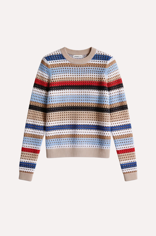 Cotton Cashmere Plaited Mesh Stripe Long Sleeve Crew
