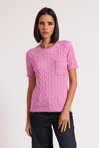 Cotton Frayed Cable Short Sleeve Tee with Pocket