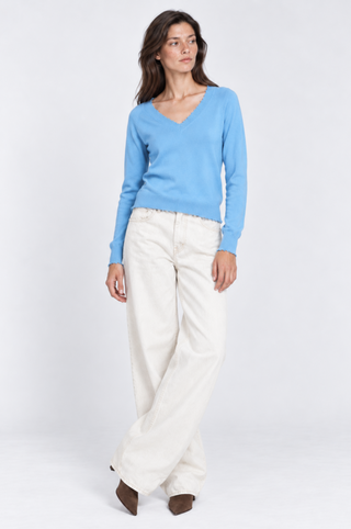 Cotton Cashmere Frayed Edge V Neck